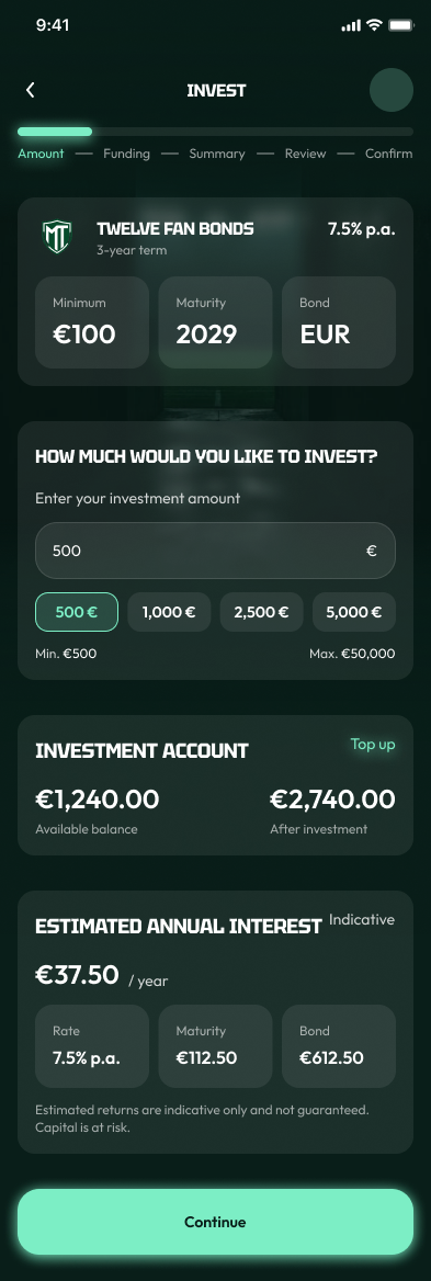 The MY TEAM app: choosing an amount to invest in the club’s fan bonds