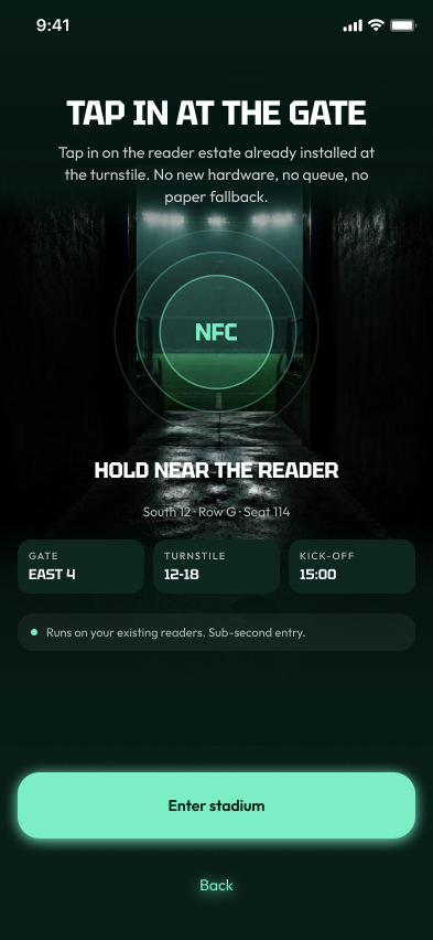 The MY TEAM app: tap in at the gate with the ticket in the wallet