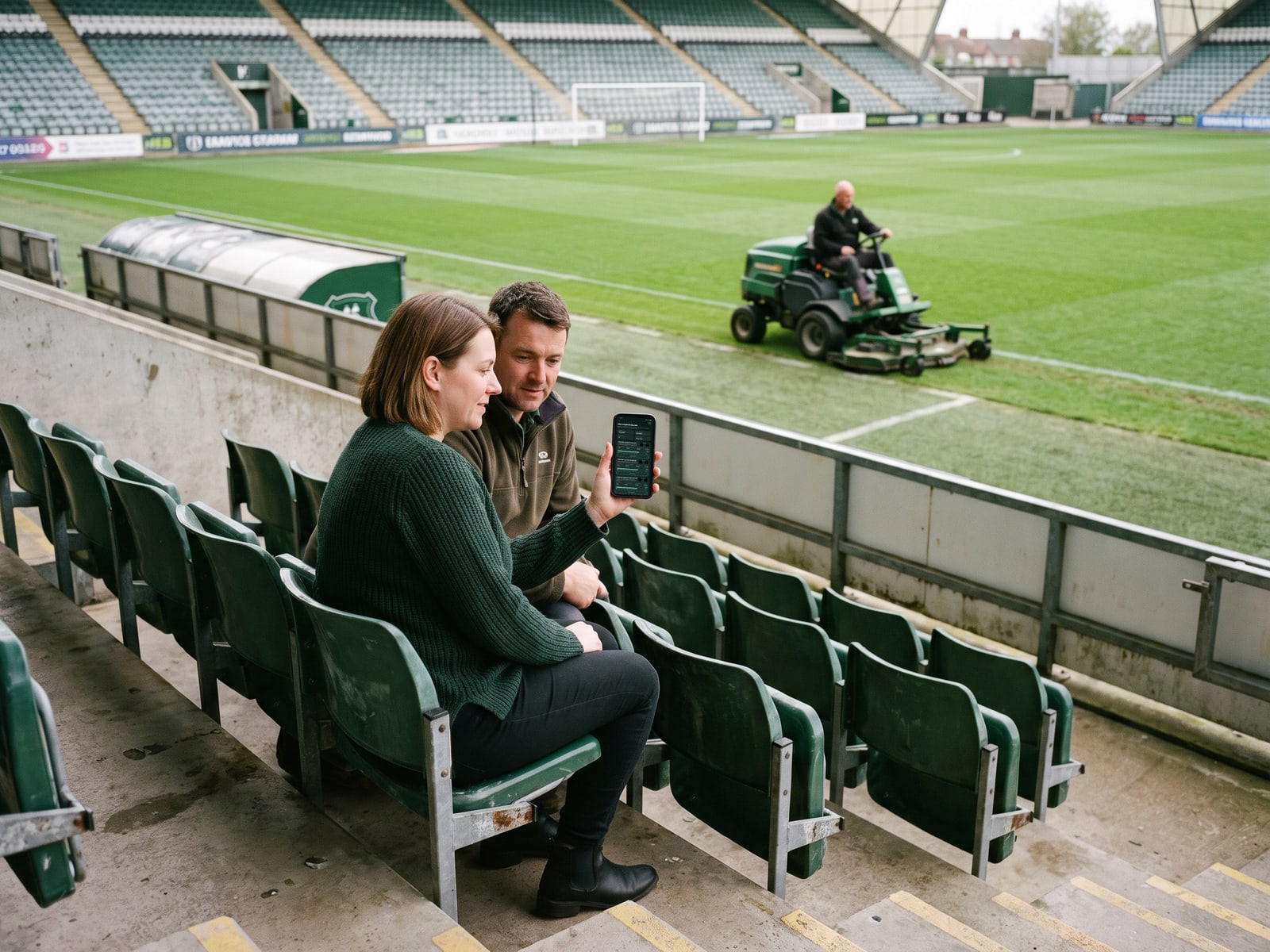 A supporter in a club jacket looking out over a floodlit pitch at dusk