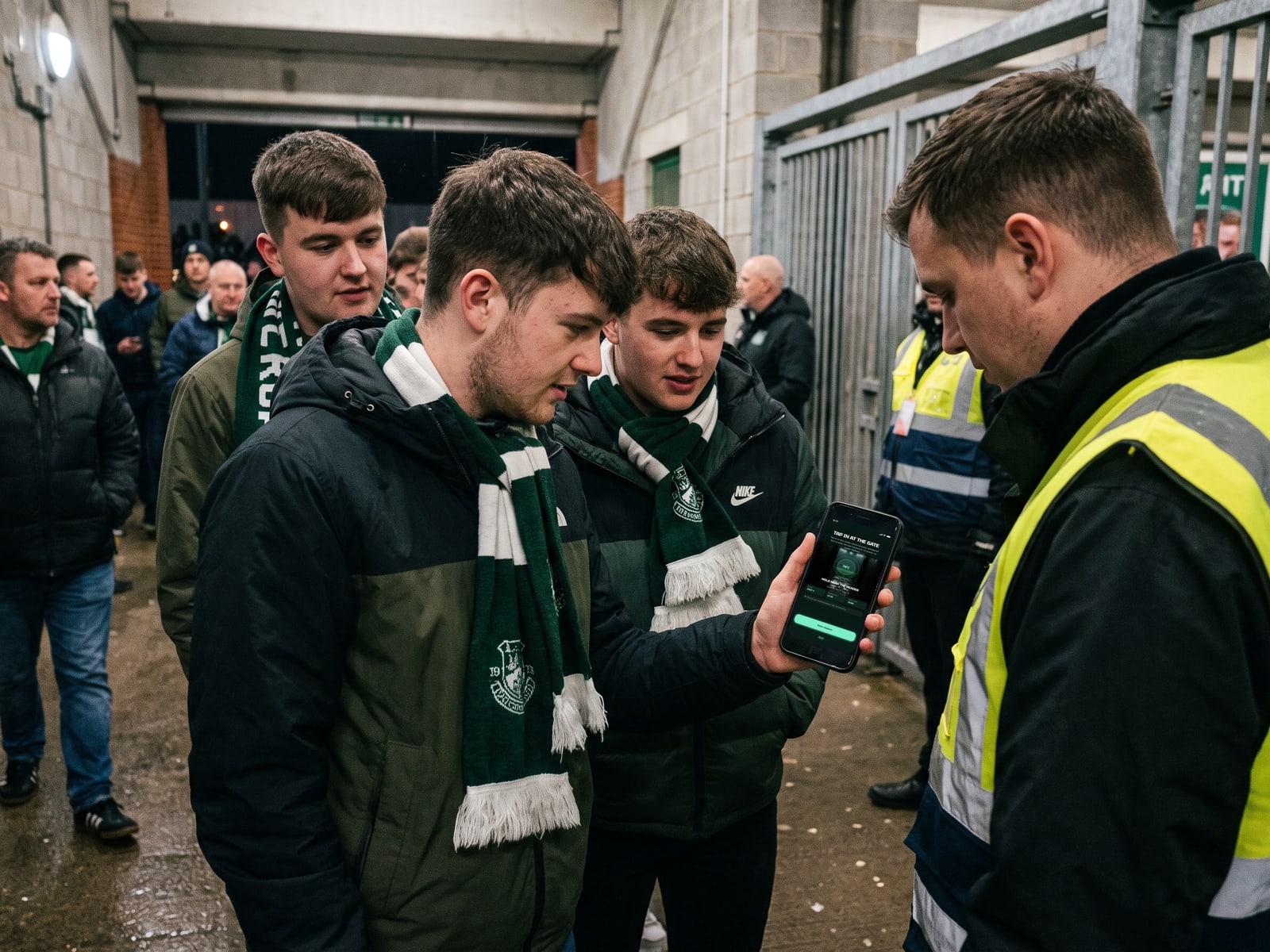 A supporter tapping a phone ticket on a stadium turnstile reader at night