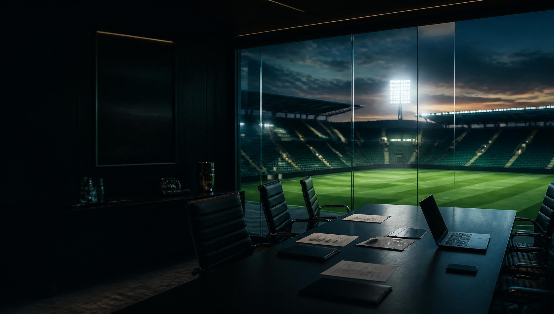 Football club boardroom at dusk overlooking a floodlit stadium pitch