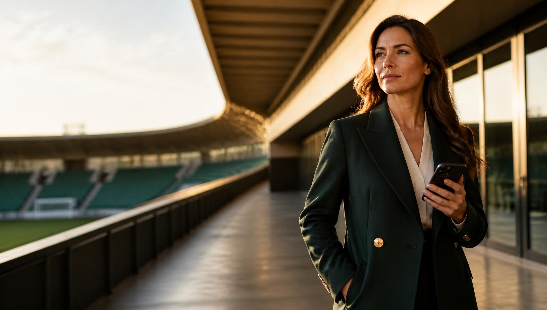 A club executive on a stadium concourse reviewing financing on her phone