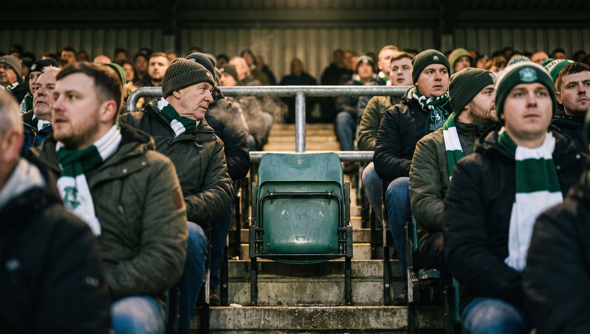 One empty seat in a full stand under floodlights, minutes before kick-off