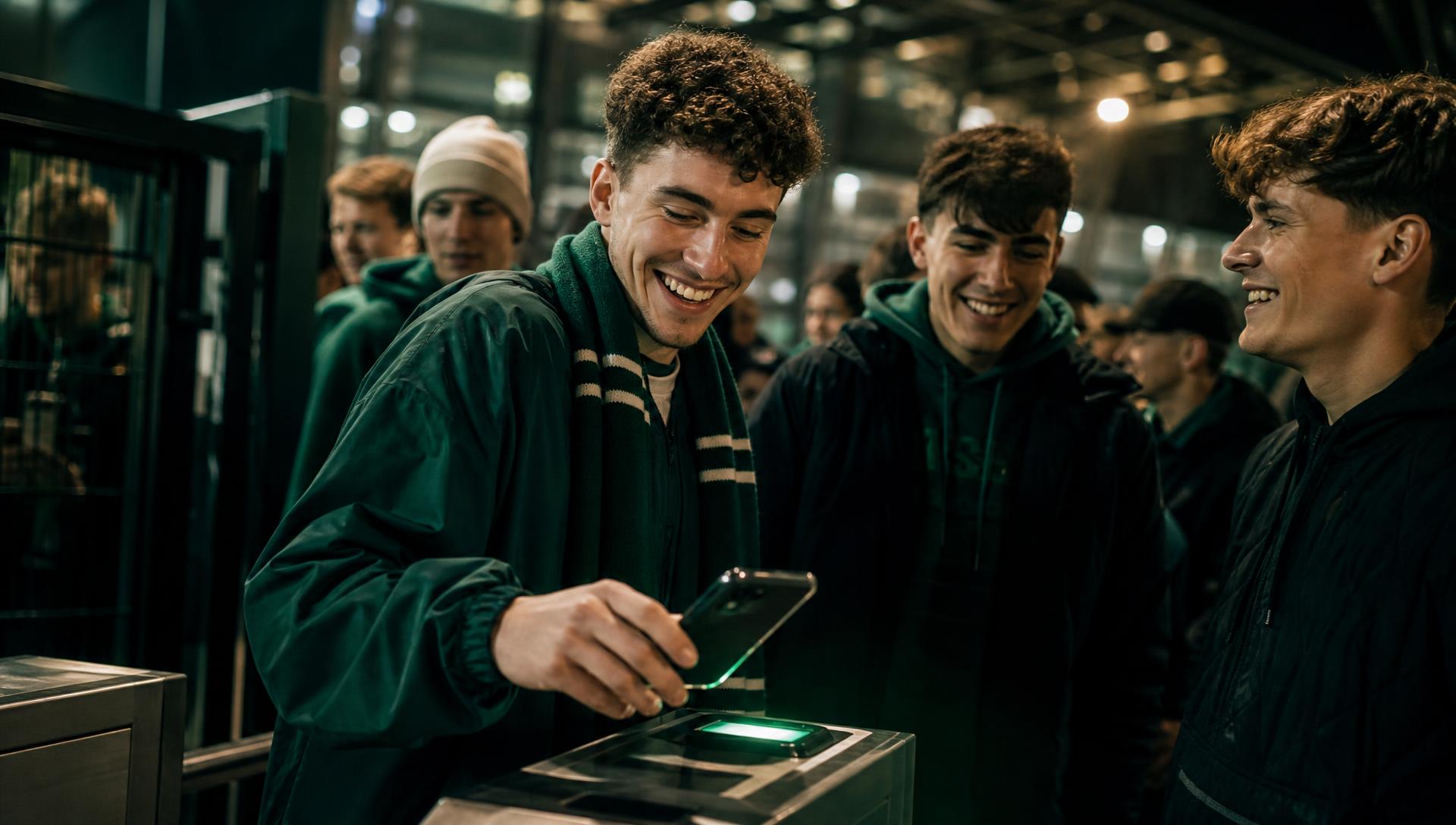 Fans halten Handys an NFC-Leser am Drehkreuz eines beleuchteten Stadions