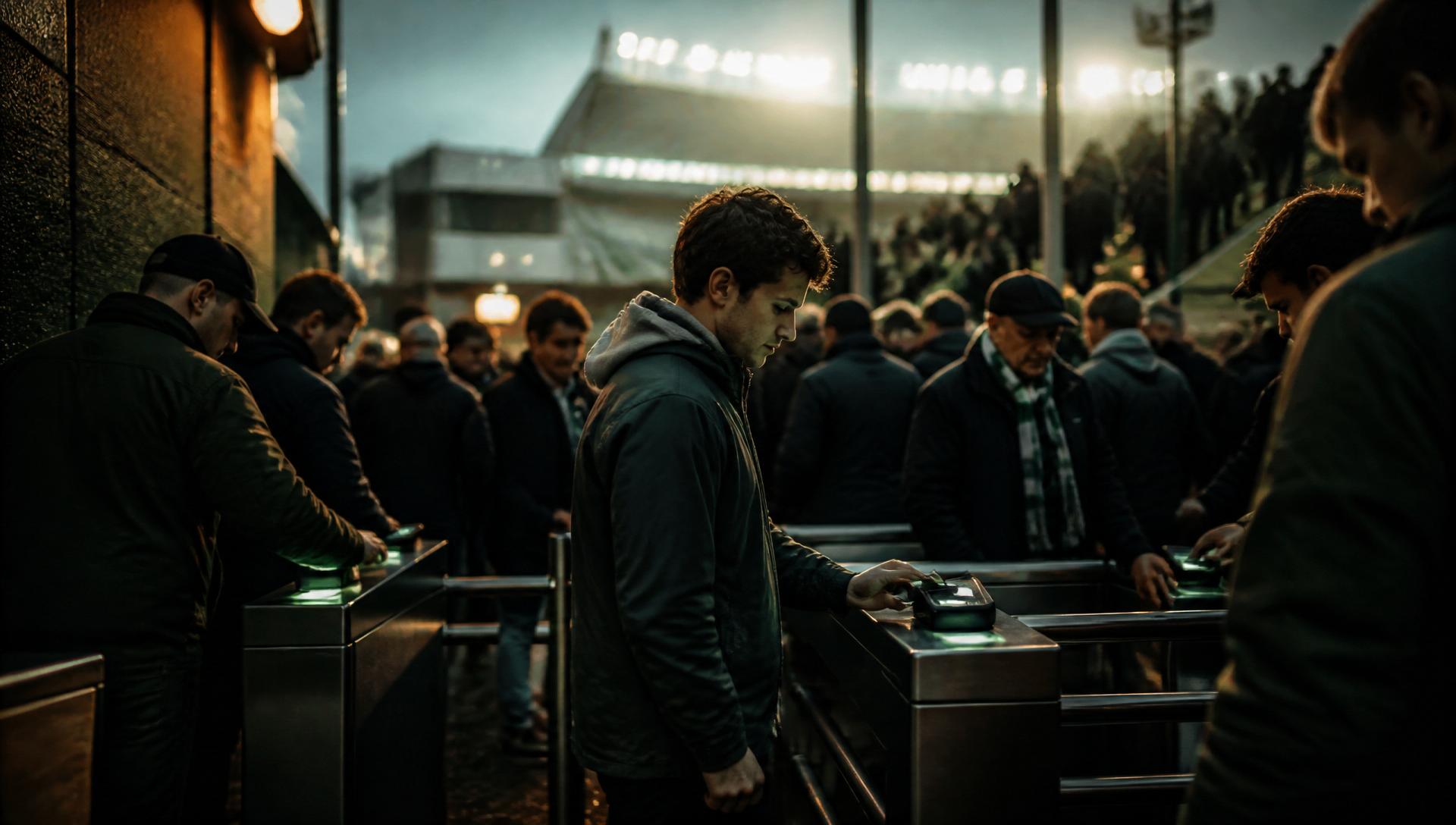 Supporters tapping phones on NFC readers at a floodlit stadium turnstile