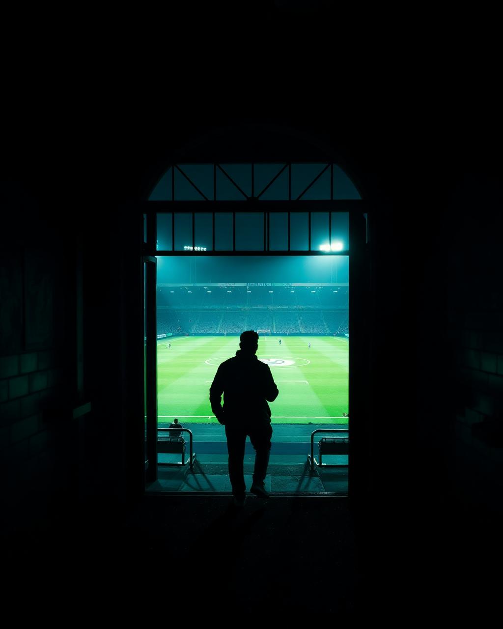 A supporter walking out of a dark concourse into a floodlit stadium bowl
