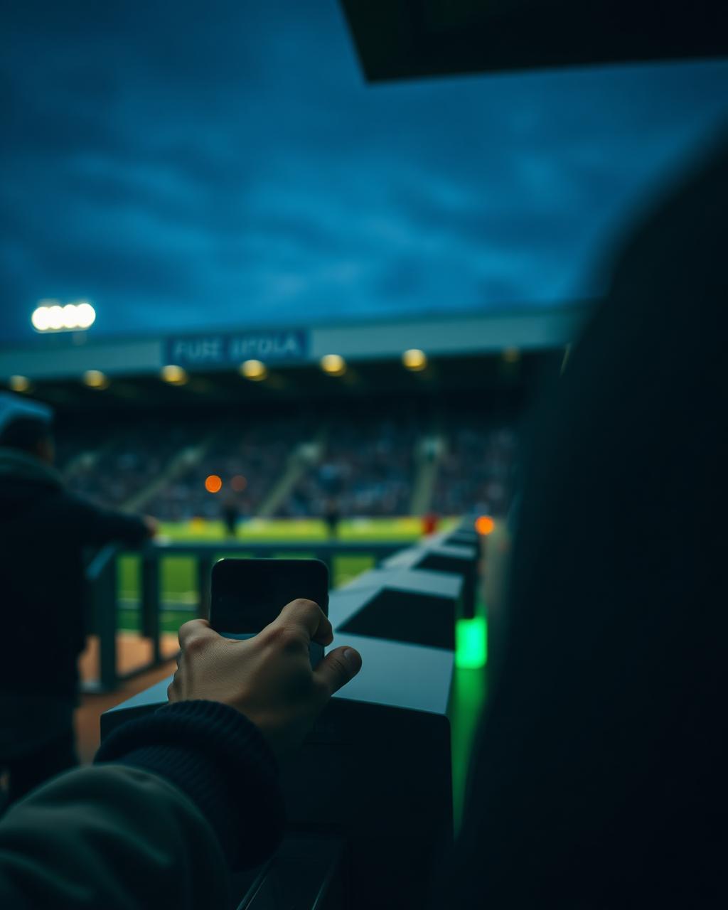 A supporter tapping a wallet pass at a floodlit stadium turnstile