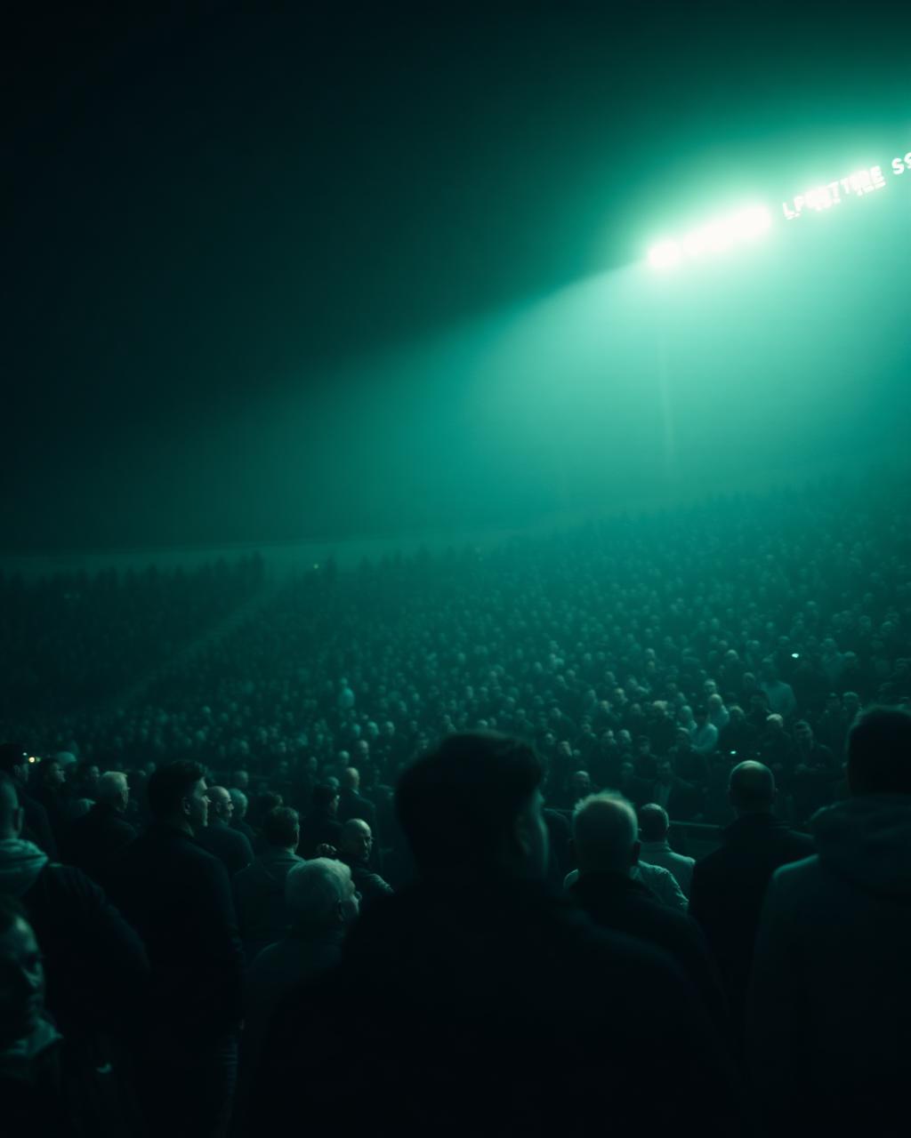 A packed terrace of supporters under green floodlight haze
