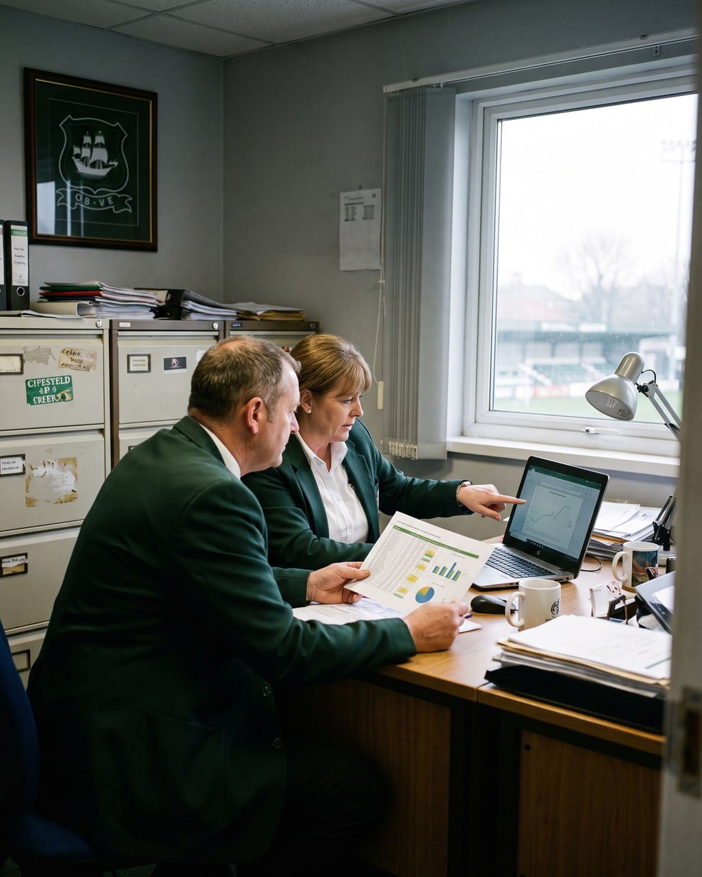 An analyst working late in a club office overlooking an empty stadium