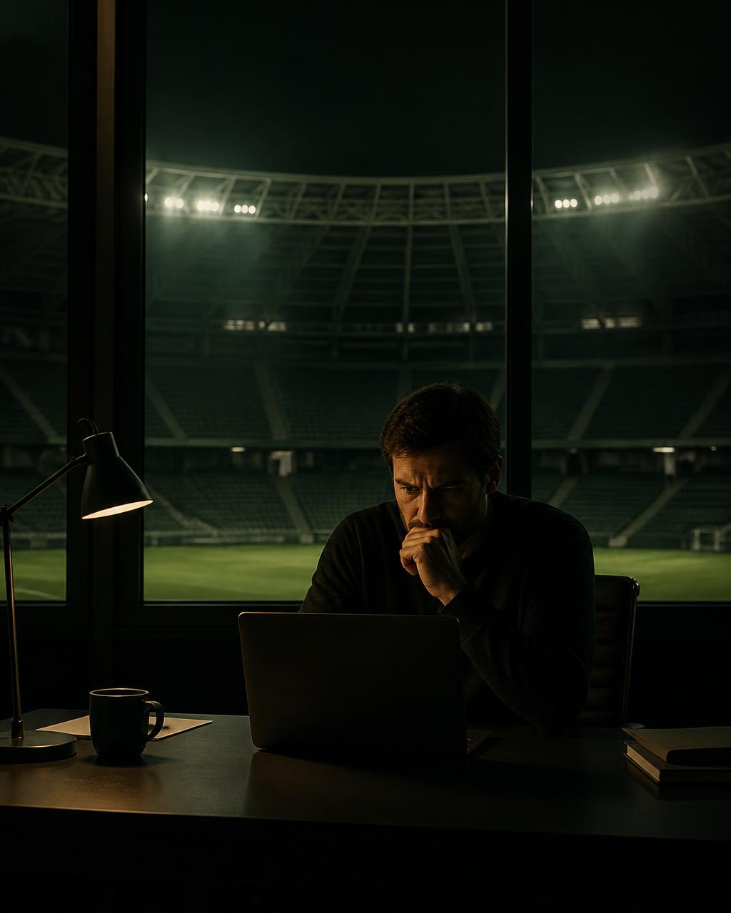 An analyst working late in a club office overlooking an empty stadium