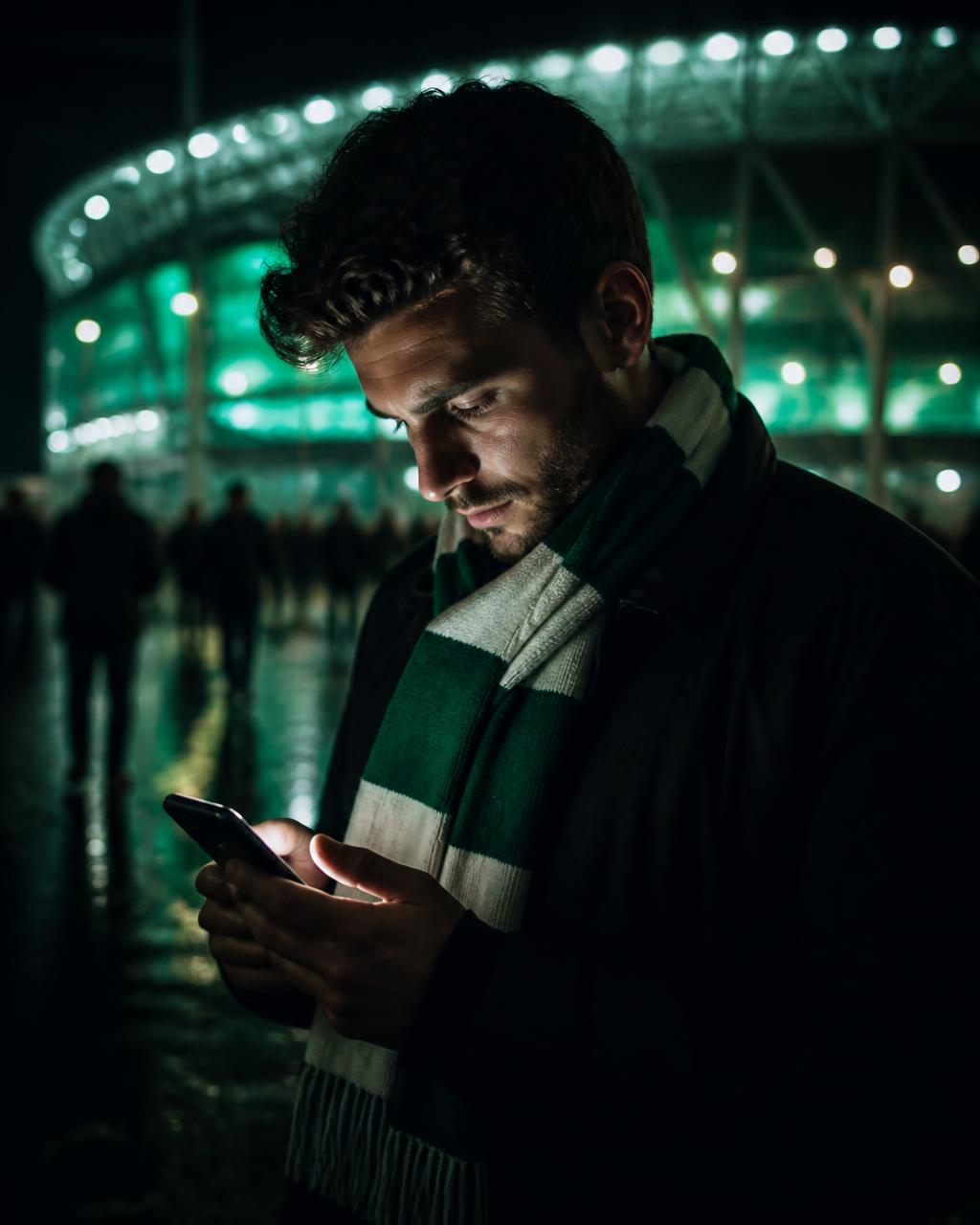 A supporter in a club scarf completing a sign-up on his phone outside the stadium