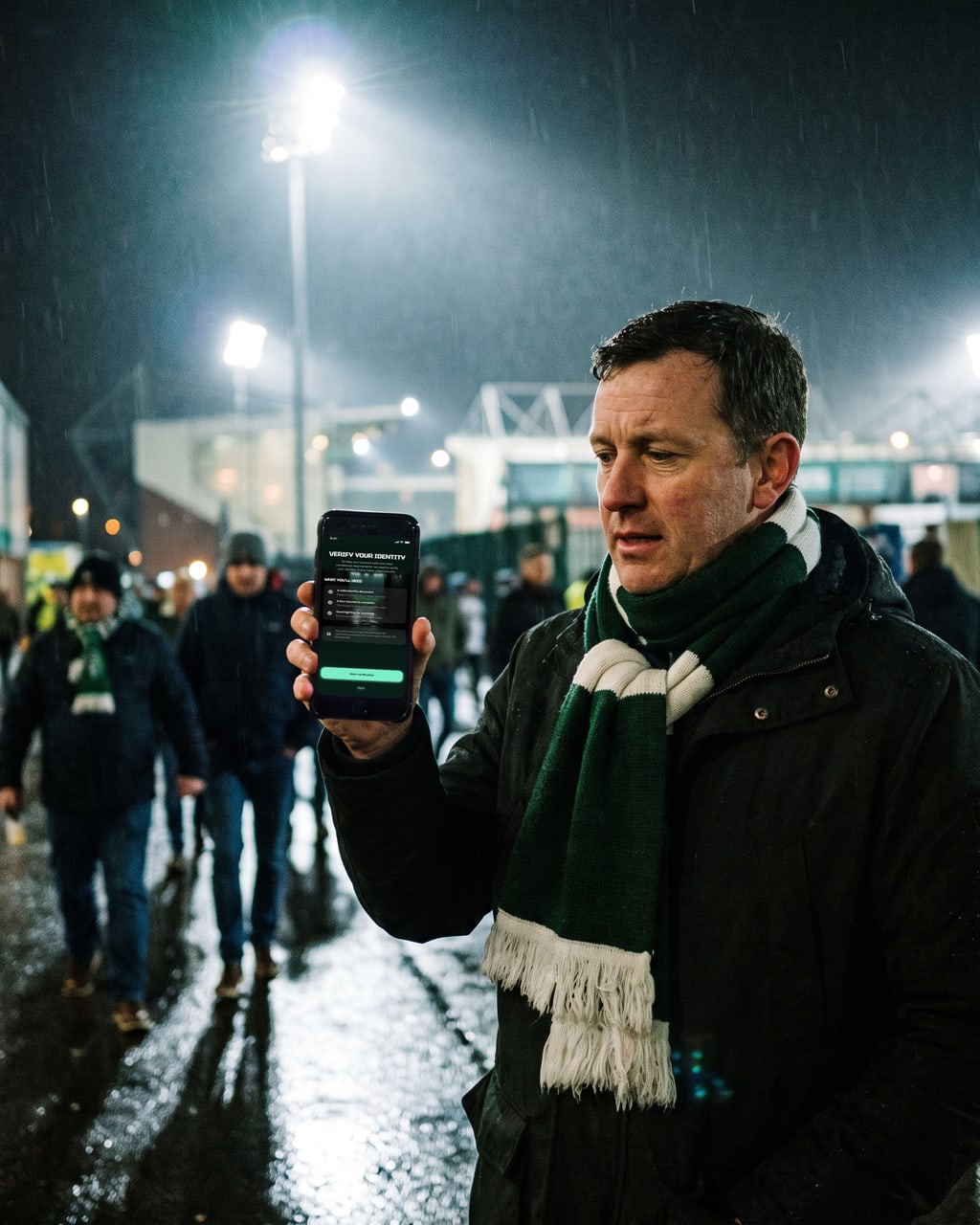 A supporter in a club scarf completing a sign-up on his phone outside the stadium