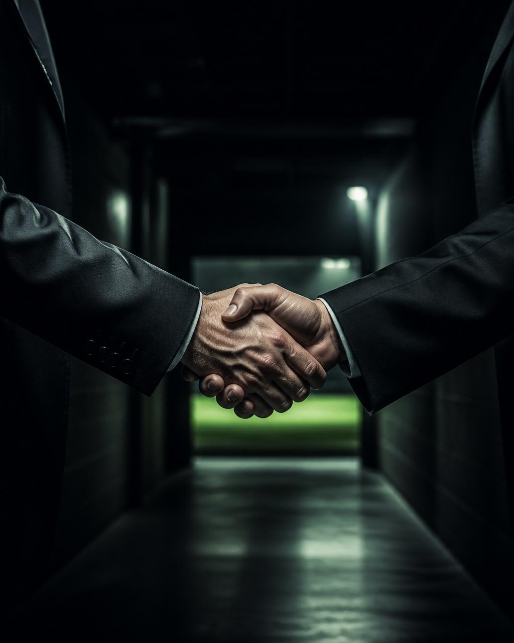 A handshake between a club executive and an investor in a stadium tunnel