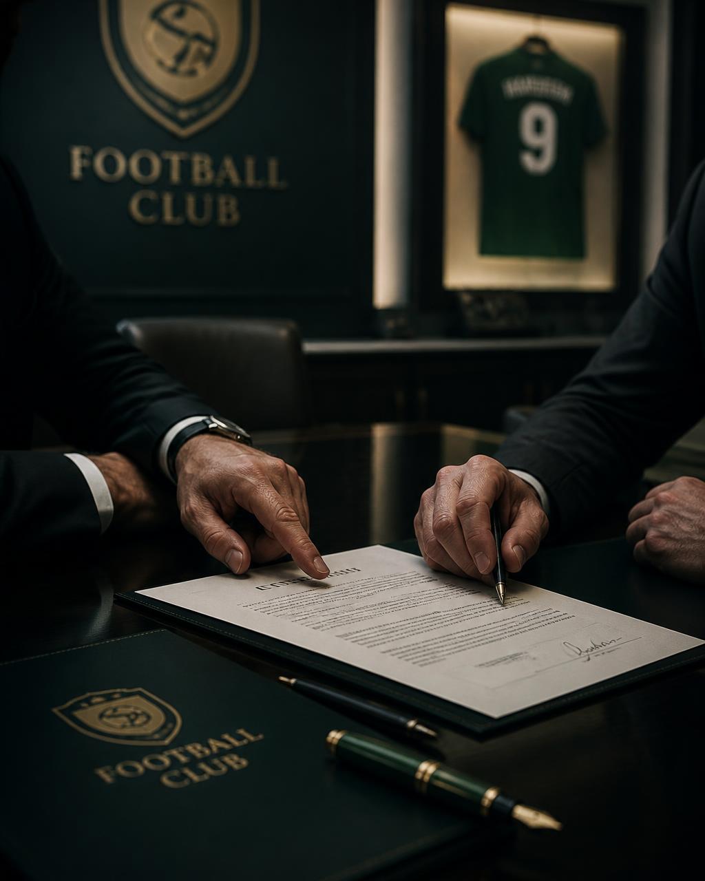 Two executives signing financing documents at a club boardroom table