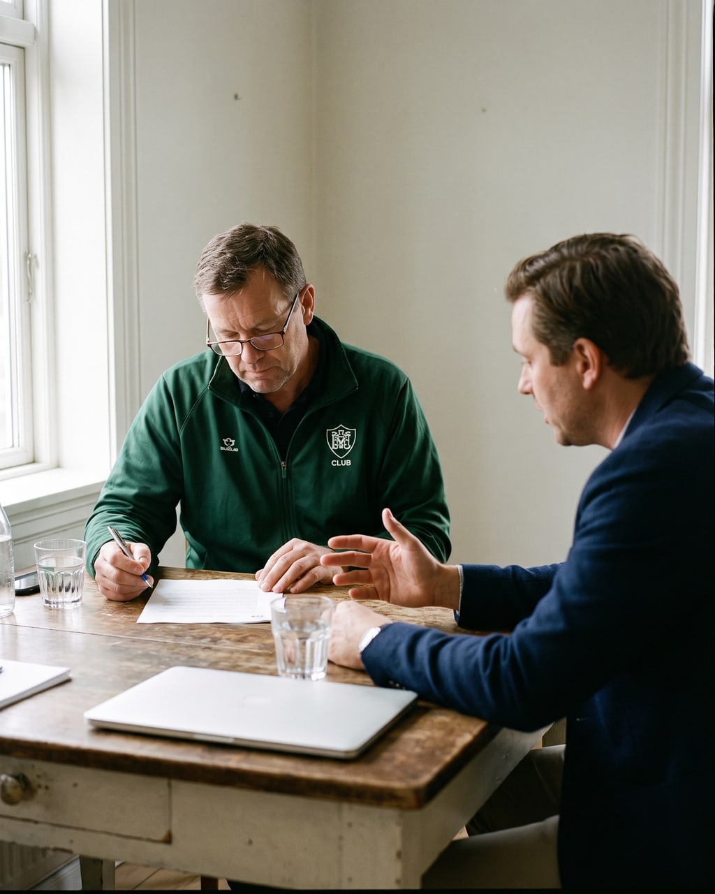 Two executives signing financing documents at a club boardroom table