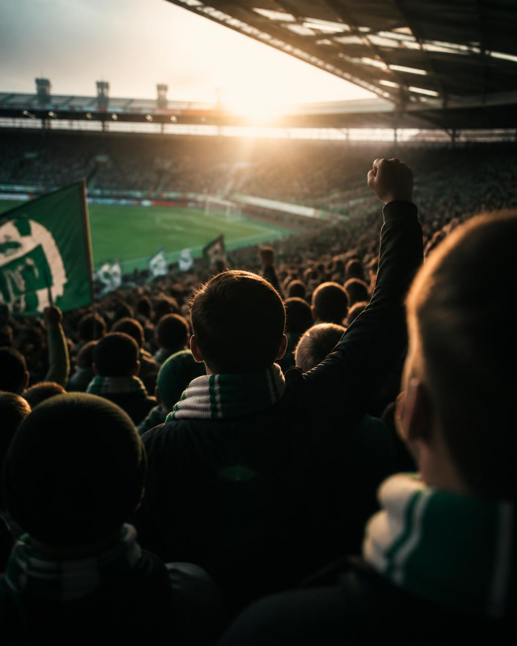 Supporters in a packed stand at sunset waving club colours