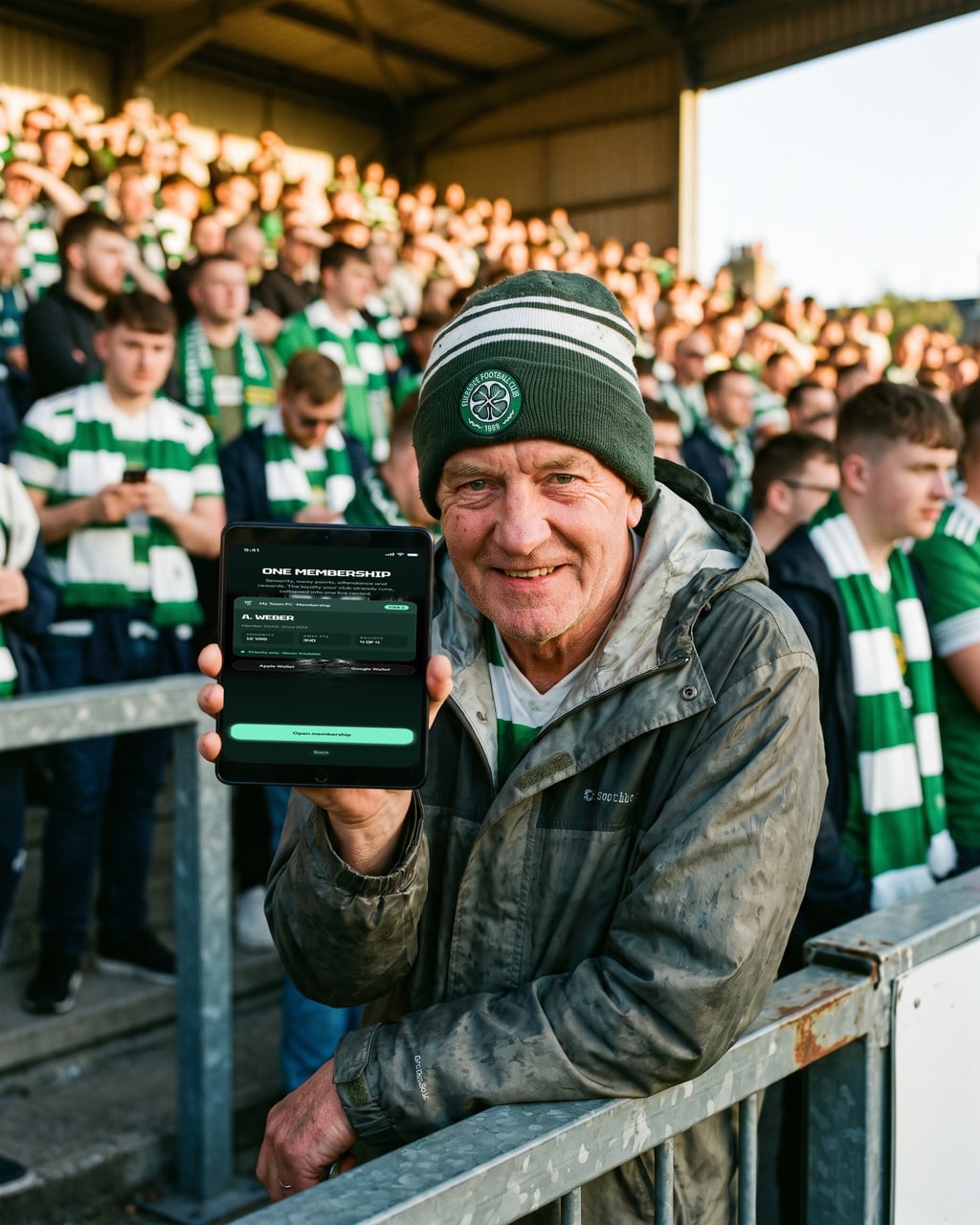 A long-standing season ticket holder in the stand, holding up a phone with his membership