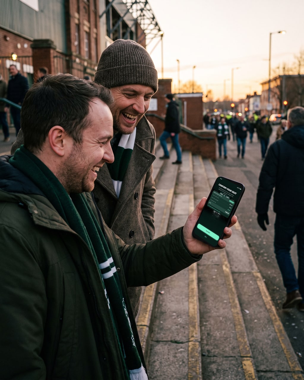Two friends on the steps outside a stadium, one showing the other a seat release on a phone
