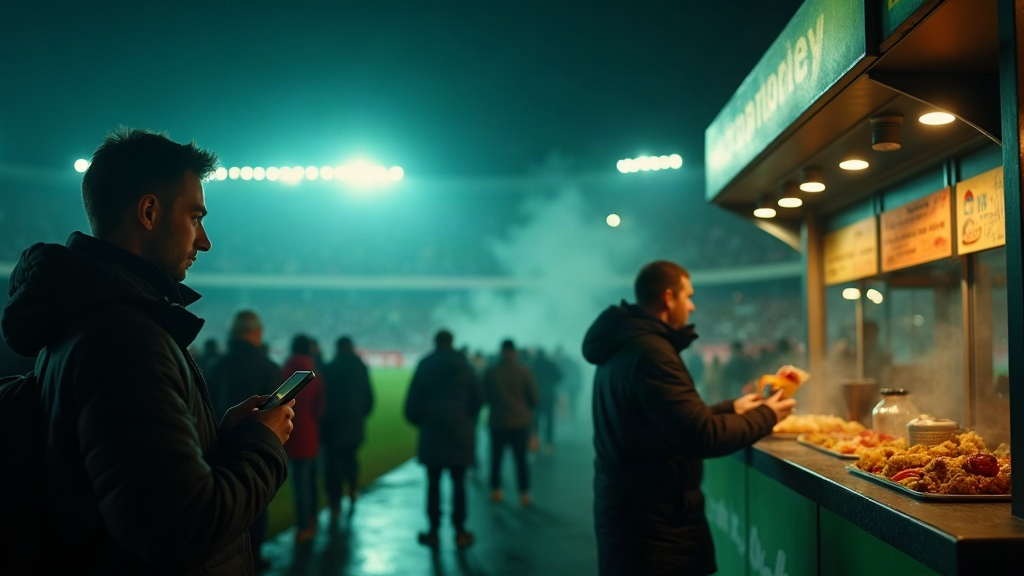 A supporter paying with a phone at a stadium concourse kiosk