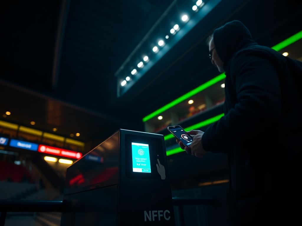 A phone being tapped on an NFC reader at a stadium turnstile