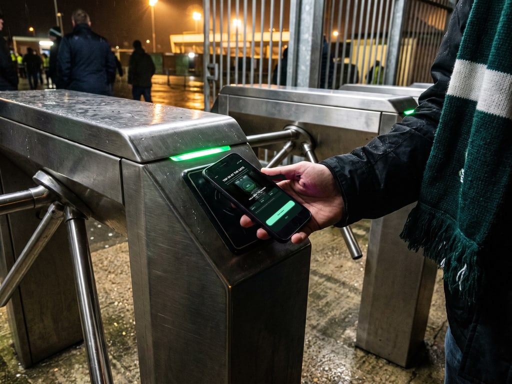A phone being tapped on a reader at a stadium turnstile