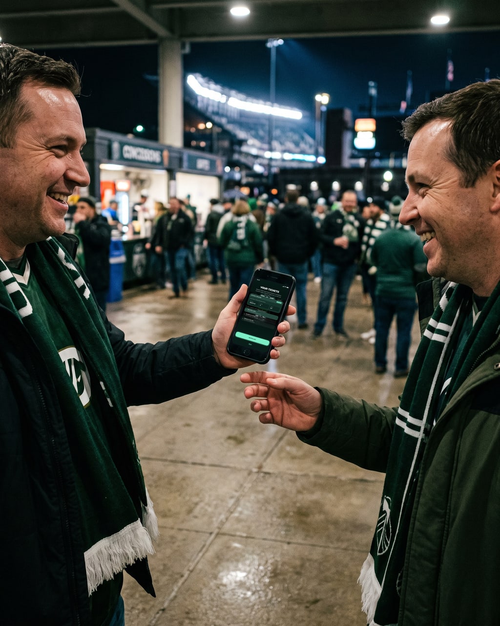 Two supporters passing a ticket between phones outside the ground
